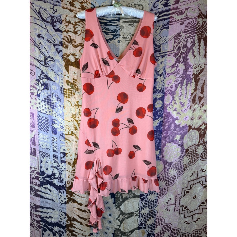 Pink Red Cherry Print Ruffle Hem Above the Knee Dress Size M - Picture 11 of 11